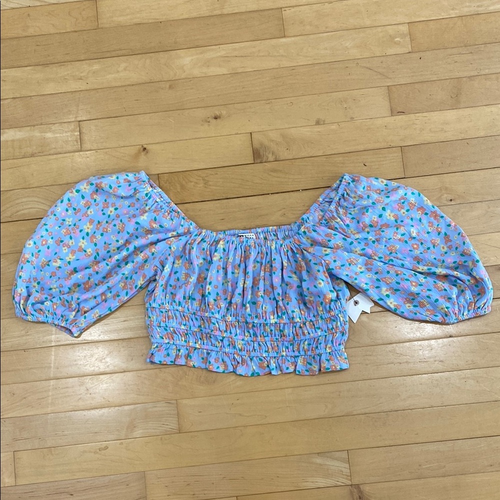 Smocked Floral Puff-Sleeve Crop Top - Blue